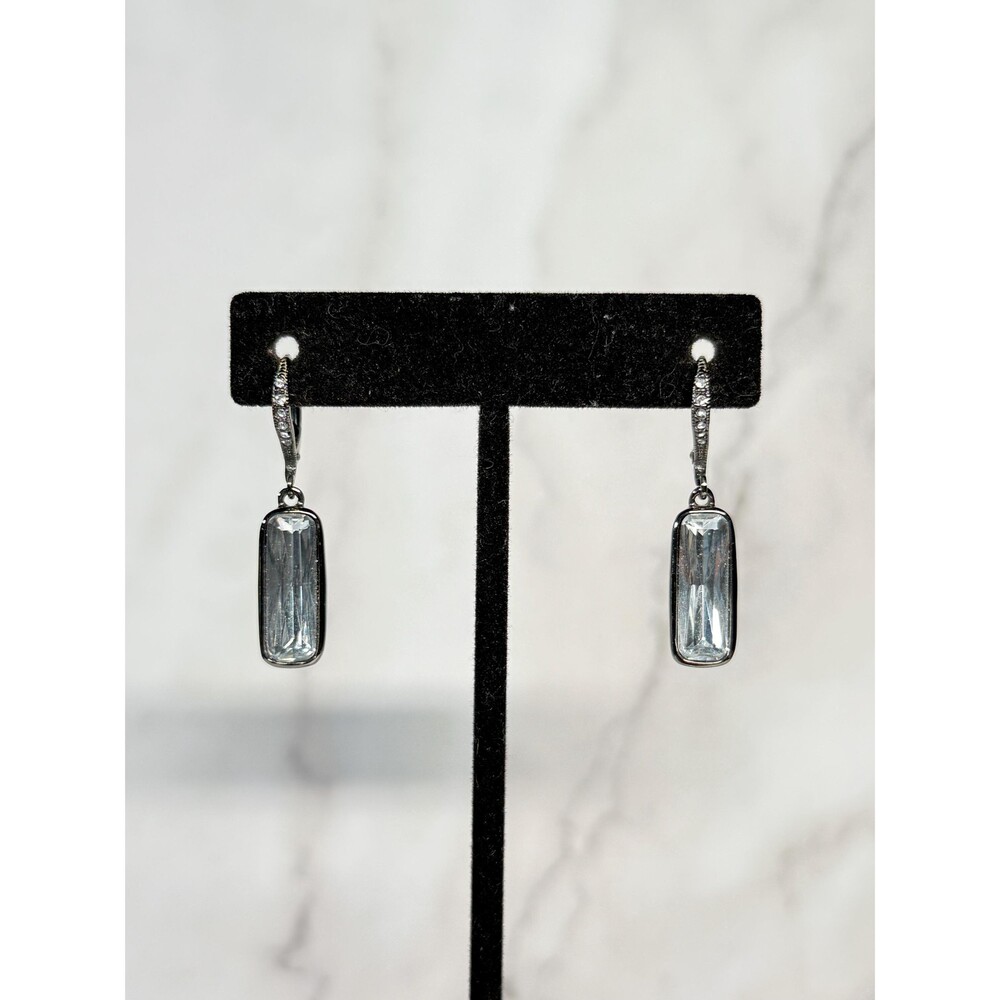 Givenchy Clear Crystal Drop Earrings Black Tone Signed 1.38"